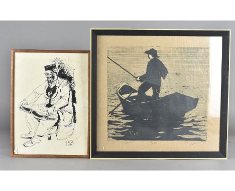 A 1950s French School woodcut print, depicting a fisherman in a boat, signed and dated 1957, 31 cm x 33 cm, framed, together 