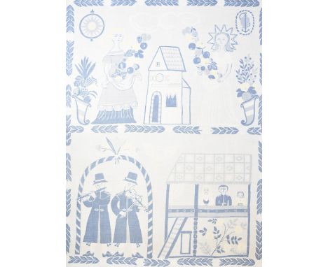 A Jobs Handtryck screen print, Garden Jazz, depicting a female holding fruit, musicians and other figures, with floral border