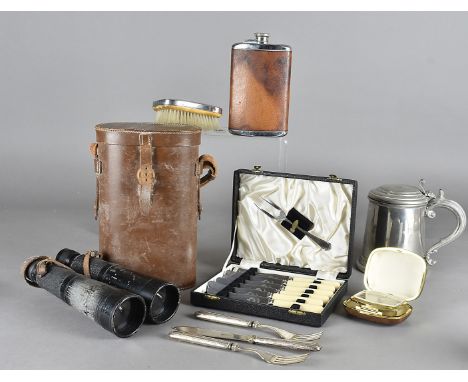 A collection of silver plated items, including flatware, together with a selection of miscellaneous items, binoculars, an ant