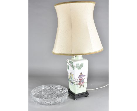 A Chinese vase, of square form now converted into a table lamp, the four sides with painted figures in a landscape, on a wood