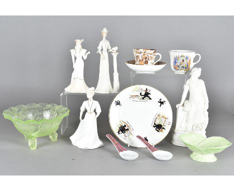 A quantity of miscellaneous ceramics and glass, including two Coalport ladies of fashion figures, a bisque porcelain figure o