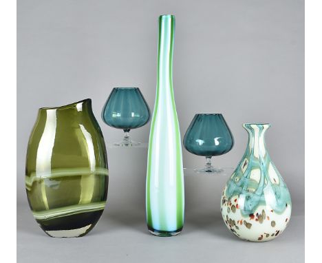 Five items of modern green coloured art glass, including a pair of Swedish brandy balloons, a large striped vase and three ot