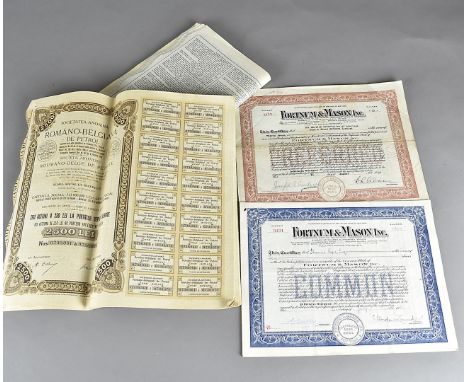 A quantity of early 20th century share certificates, world wide issues from China dated 1914, Imperial Russia and Fortnum & M