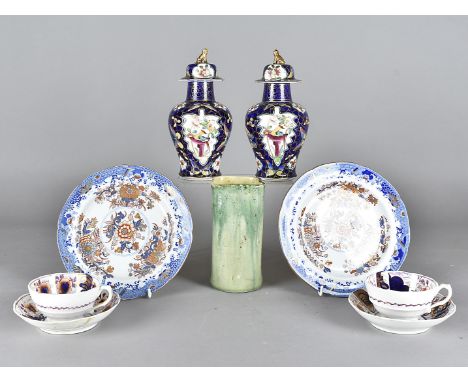 Three 19th century Staffordshire porcelain jars and covers, in the Chinese style, together with a pair of Spode shaped plates