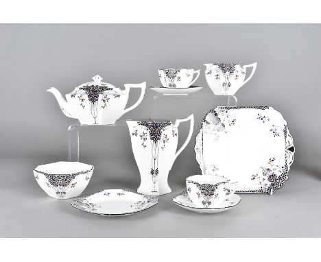 A part Shelley porcelain Queen Anne shaped tea service, Black Leafy Tree' pattern no. 11575, comprising tea pot, hot water ju