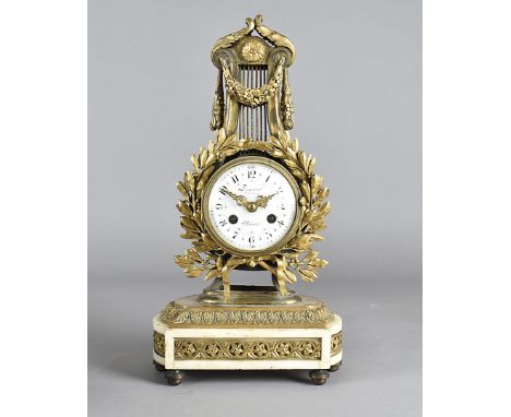 A 19th century French Deniere gilt metal and marble mantel clock,  with French eight day drum movement,  36 cm high 