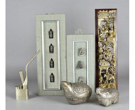 An early 20th century silver plated opium pipe,  with two silver plated animal tureens, two mounted panels decorated with whi