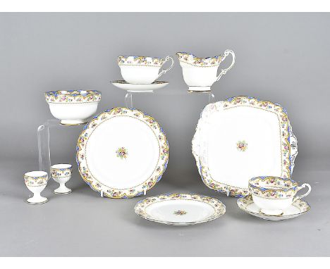 A Paragon part tea service, comprising graduated plates, cups and saucers, egg cups, sugar bowl, milk jug etc (parcel)` 