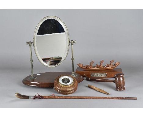 A Swaine horn and leather riding crop, with silver collar, 60 cm, together with an oak cased barometer, a mahogany and silver