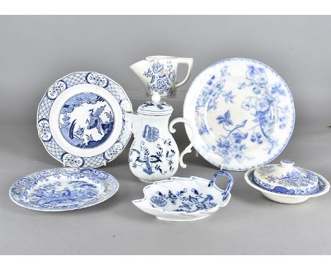 A set of eight British pottery blue and white plates, flow blue design, together with a Spode transfer printed plate, a Meiss