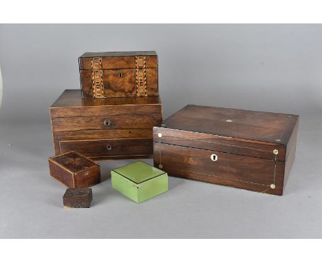 A Rosewood dressing/sewing box, another similar, an inlaid tea caddy, and other boxes  