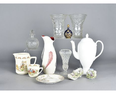 A selection of glass and ceramic items, including Crescent & Sons tete a tete, Bunnykins jug, cut glass dressing table furnit