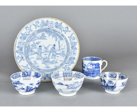 An 18th Century Delft plate, decorated with figures within a landscape, 21 cm diameter af together with three blue and white 