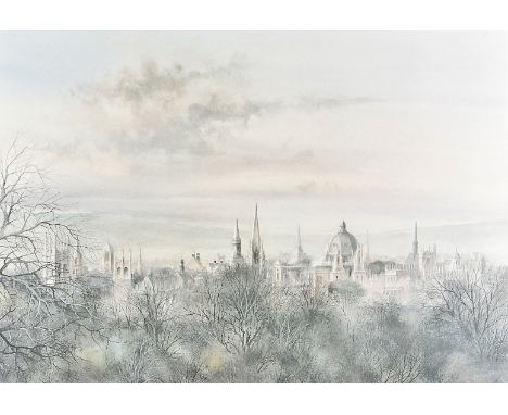 A Limited Edition print of Oxford, showing the city skyline, signed in pencil by artist, possibly K J Messer, 237/850, framed