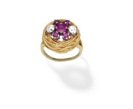 RUBY AND DIAMOND-SET RINGOf textured design, centrally-set with circular-cut rubies and old brilliant-cut diamonds, ring size