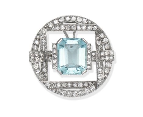 AQUAMARINE AND DIAMOND PENDANTThe step-cut aquamarine within an openwork frame of brilliant and single-cut diamonds,  diamond