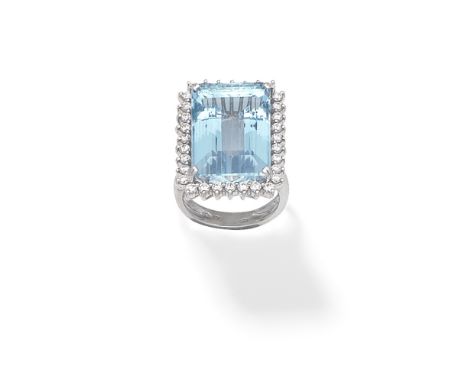 AQUAMARINE AND DIAMOND DRESS RINGThe step-cut aquamarine within a surround of brilliant-cut diamonds, ring size approx. J½For