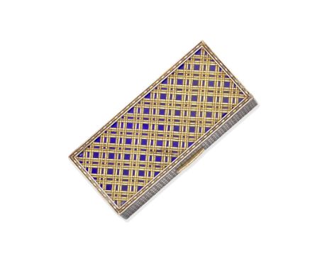 BOUCHERON: SILVER-GILT AND ENAMEL CASE, MID 20TH CENTURYThe blue enamel lid with an engraved overlay of polished and textured