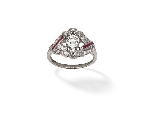 DIAMOND AND RUBY RING, CIRCA 1915Set with cushion-shaped diamonds and calibré-cut rubies, principal diamond approx. 0.70ct,  