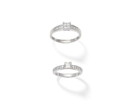 TWO DIAMOND RINGS1st: Set with a princess-cut diamond between brilliant-cut diamond shoulders, mounted in 18 carat white gold