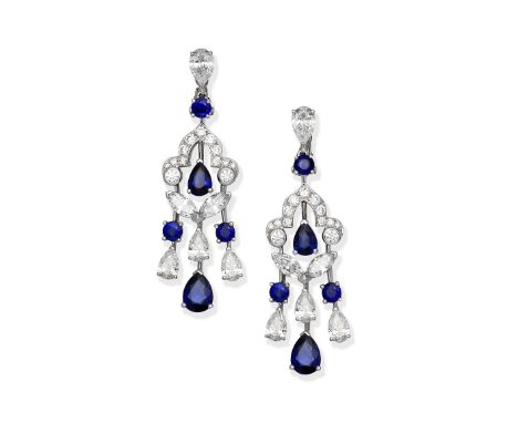 GRAFF: SAPPHIRE AND DIAMOND CHANDELIER EARRINGSEach with a pear-shaped diamond surmount suspending a cascade of pear and bril