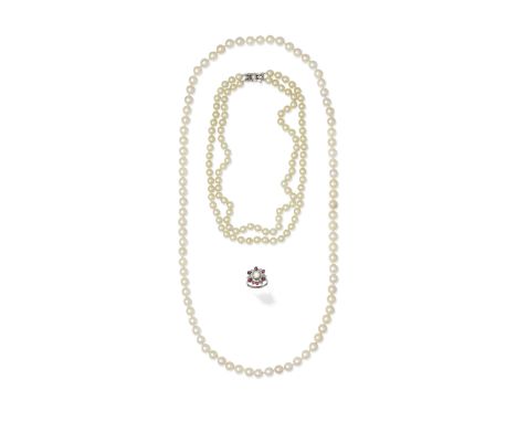 TWO CULTURED PEARL NECKLACES AND A CULTURED PEARL AND RUBY RING1st: A single strand of 8.0mm cultured pearls, 2nd: The two st