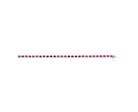 RUBY AND DIAMOND LINE BRACELETSet throughout with oval-cut rubies, between duos of brilliant-cut diamonds, length 17.5cmFootn