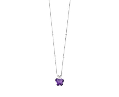 LEO WITTER: AMETHYST AND DIAMOND-SET BUTTERFLY PENDANT/NECKLACEThe butterfly-shaped amethyst suspended from a brilliant-cut d