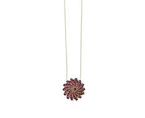 RUBY-SET PENDANT/NECKLACESet throughout with radiating circular-cut rubies, lengths: pendant 3.5cm, chain 42.0cm Footnotes:Ac