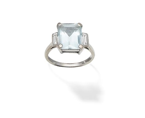 AQUAMARINE AND DIAMOND-SET RING, 1991The step-cut aquamarine between baguette-cut diamond shoulders, diamonds approx. 0.35ct 