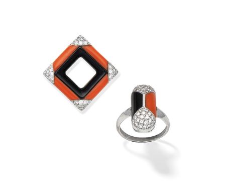 CORAL, ONYX AND DIAMOND RING, CHOPARD: CORAL, ONYX AND DIAMOND PENDANT1st: The ring inlaid with coral corallium rubrum and on