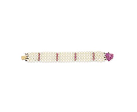 CULTURED PEARL AND RUBY BRACELETThe four strands of 5.0mm cultured pearls with circular-cut ruby spacers and a heart-shaped r