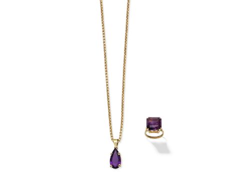 AMETHYST PENDANT/NECKLACE AND DRESS RING1st: The pear-shaped amethyst suspended from a box-link chain, 2nd: The ring set with