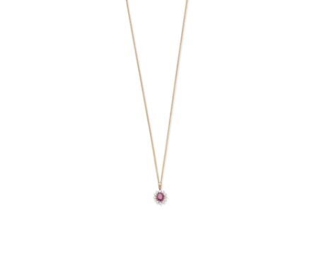 RUBY AND DIAMOND PENDANT/NECKLACEThe oval-cut ruby within a surround of brilliant-cut diamonds, suspended from a 9 carat gold