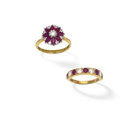 RUBY AND DIAMOND CLUSTER RING AND ETERNITY RING1st: The brilliant-cut diamond within a radiating surround of marquise-cut rub