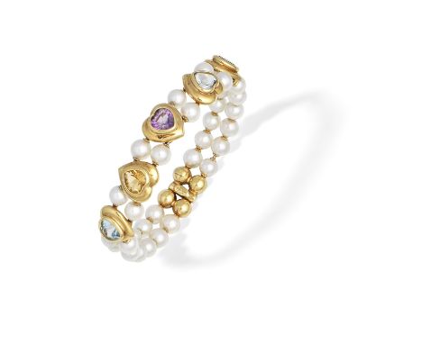 CULTURED PEARL AND MUTLI GEM-SET BANGLEThe two rows of 6.0mm cultured pearls set to the front with heart-shaped topaz, amethy