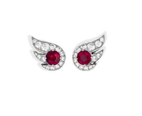 GRAFF: RUBY AND DIAMOND 'FLAME' EARRINGSEach set with circular-cut rubies, weighing 2.22 carats total, and brilliant-cut diam