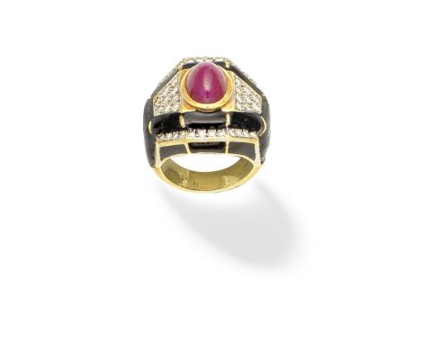 RUBY, DIAMOND AND ENAMEL DRESS RINGOf geometric bombé form, set with a central oval ruby cabochon and brilliant-cut diamonds,