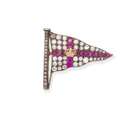 DIAMOND AND RUBY ROYAL YACHT SQUADRON BURGEE BROOCHThe flag and pole set with cushion-shaped diamonds with a circular-cut rub