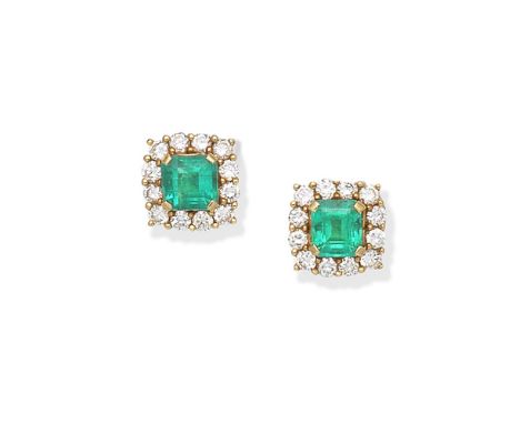 EMERALD AND DIAMOND CLUSTER EARRINGSEach step-cut emerald within a surround of brilliant-cut diamonds, diamonds approx. 0.70c