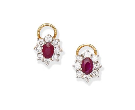 RUBY AND DIAMOND CLUSTER EARRINGSEach oval-cut ruby within a surround of brilliant-cut diamonds, mounted in 18 carat gold, di