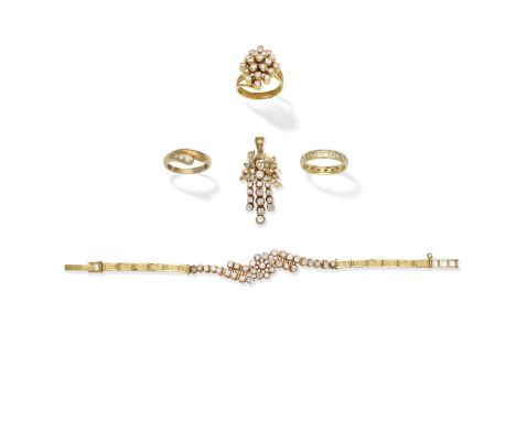 DIAMOND-SET BRACELET, PENDANT AND THREE RINGS1st: The bracelet set with brilliant-cut diamonds, 2nd: The pendant of foliate d