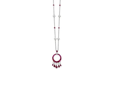 GRAFF: RUBY AND DIAMOND 'GYPSY' NECKLACESet with pear and brilliant-cut diamonds and circular and pear-shaped rubies, the cha