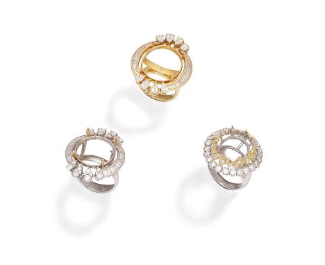 THREE DIAMOND-SET RING MOUNTS1st: Set with brilliant and baguette-cut diamonds, 2nd: Set with pear-shaped and baguette-cut di