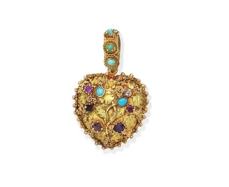 GEM-SET HEART-SHAPED LOCKET PENDANT, CIRCA 1830With cannetille and engraved foliate decoration throughout, accented with vari