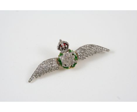 A DIAMOND AND ENAMEL ROYAL AIR FORCE BROOCH set with green and red enamel and overall with rose-cut diamonds, in gold, 6cm. w