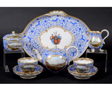 MEISSEN BREAKFAST SERVICE AND TRAY, late 19th or early 20th century, painted with cartouches of named views in Germany, the r