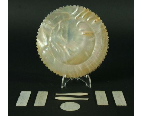 COLLECTION OF CHINESE MOTHER OF PEARL GAMING COUNTERS, various shaped; and a mother of pearl trinket dish (parcel)