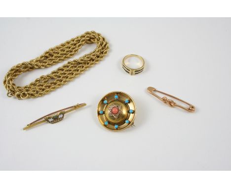 A QUANTITY OF JEWELLERY including a sapphire and diamond ring, set in 18ct. gold, a naval crown enamel, pearl and 15ct. gold 