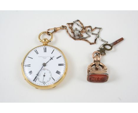 AN 18CT. GOLD OPEN FACED POCKET WATCH the white enamel dial signed Parkinson & Bouts, London 9505, with Roman numerals and su